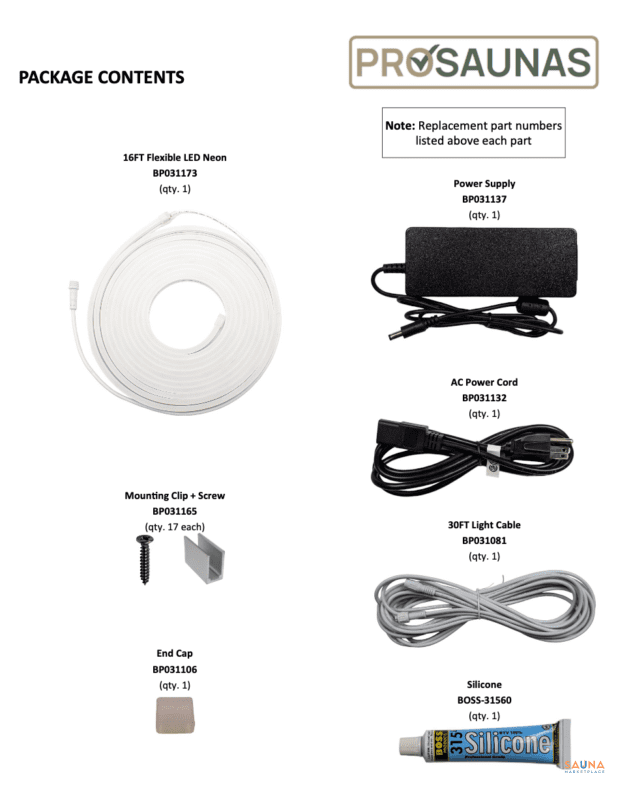 Contents of ProSauna Sauna LED Strip Package with one strips